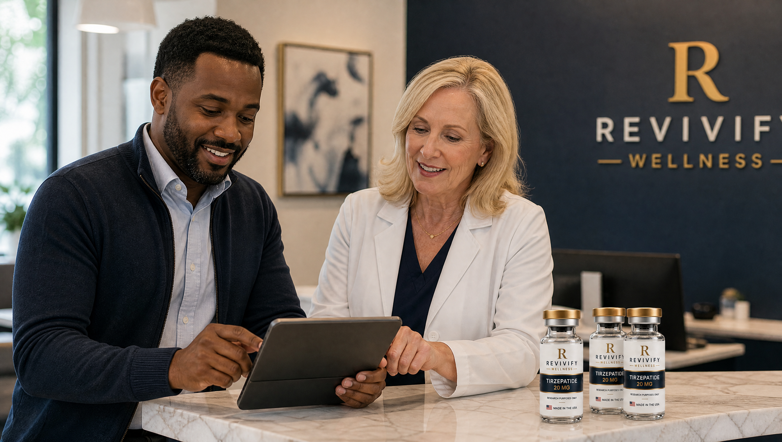 Healthcare professionals reviewing a catalog at a modern clinic front desk