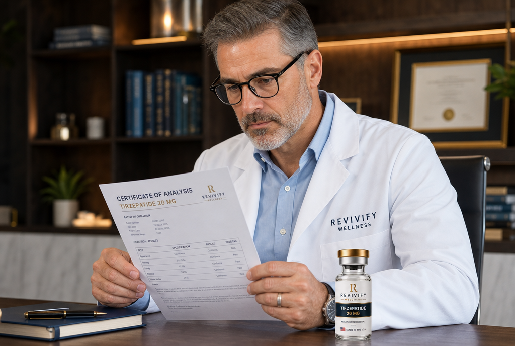 Revivify Wellness specialist reviewing a Certificate of Analysis beside a vial