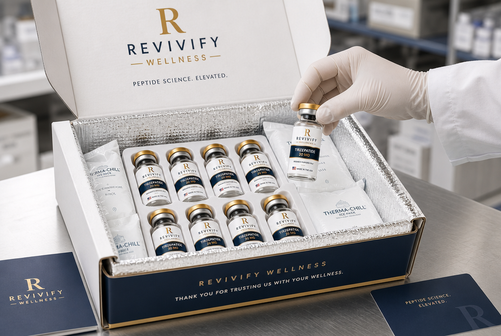 Revivify Wellness shipping case packed with sealed, batch-coded vials