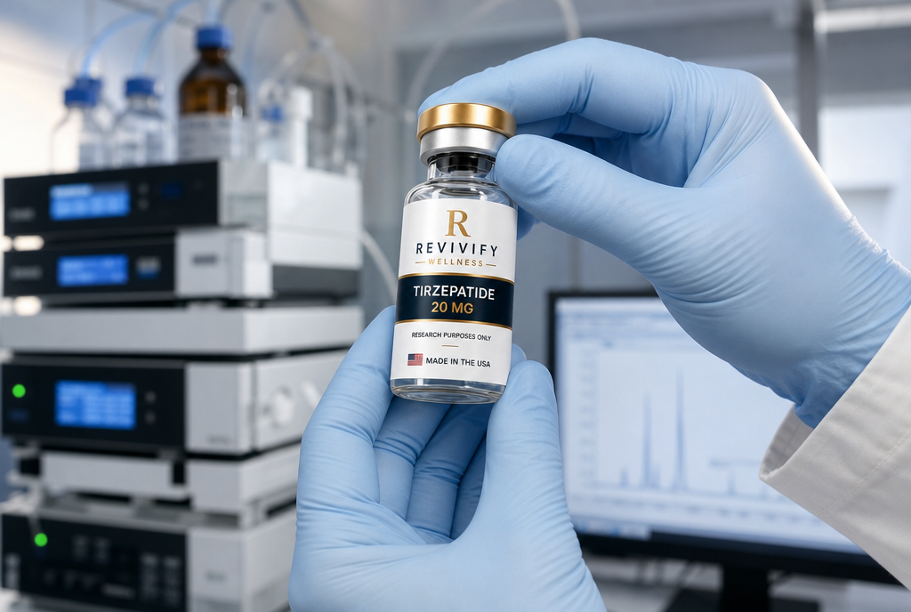 Laboratory technician inspecting a Revivify Wellness vial beside HPLC equipment